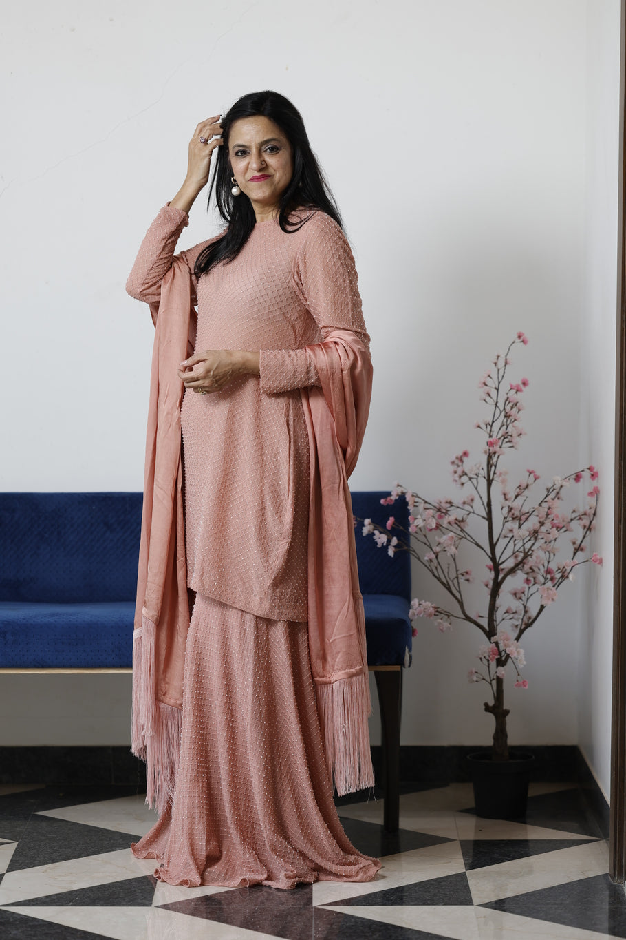 Peach Cutdana embroidered kurta with sharara