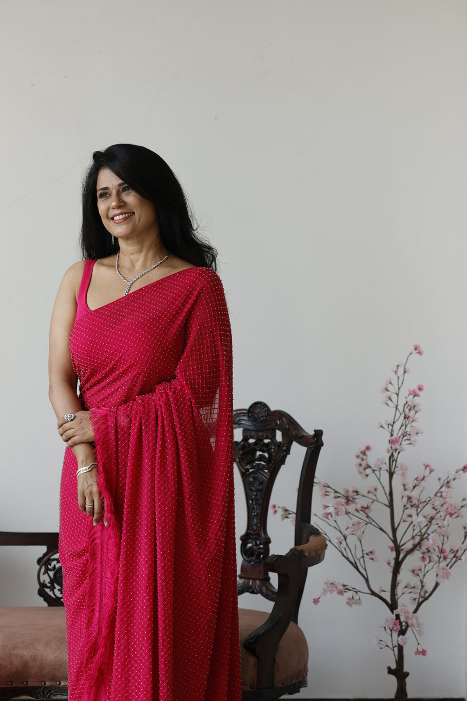 Pink Cutdana embroidered saree with blouse