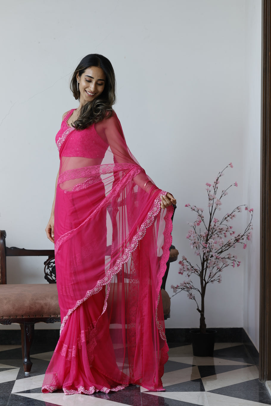 Rose Pink soft net saree with blouse