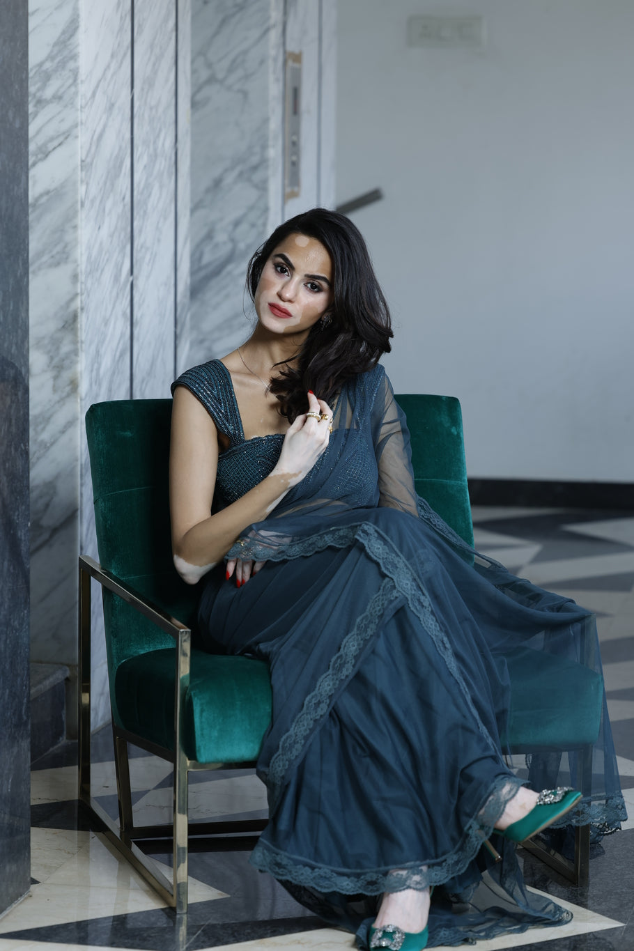 Forest green saree with heavy hand embroidered blouse