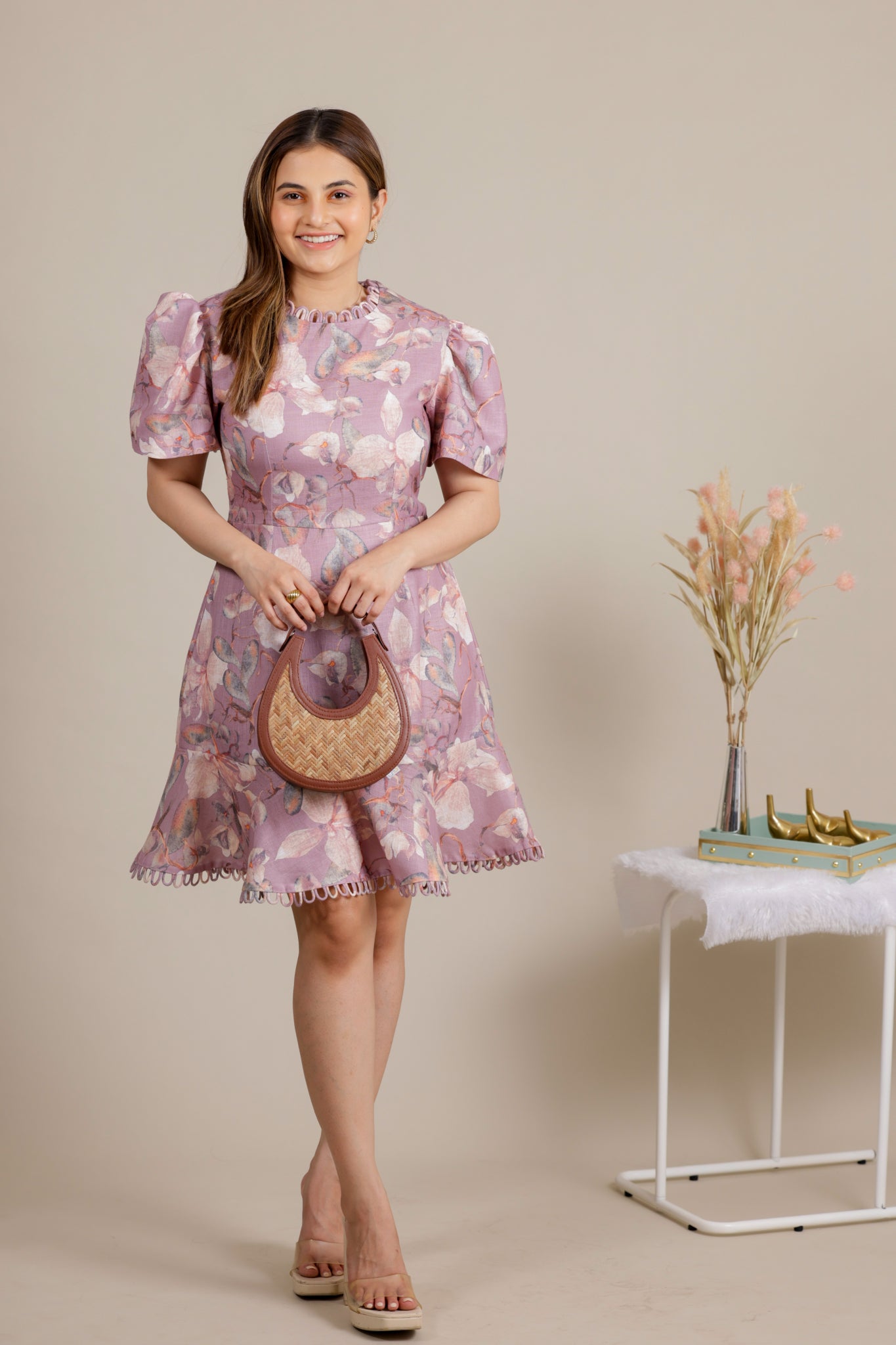 Mauve Linen Scallop Dress - Apeksha The Label