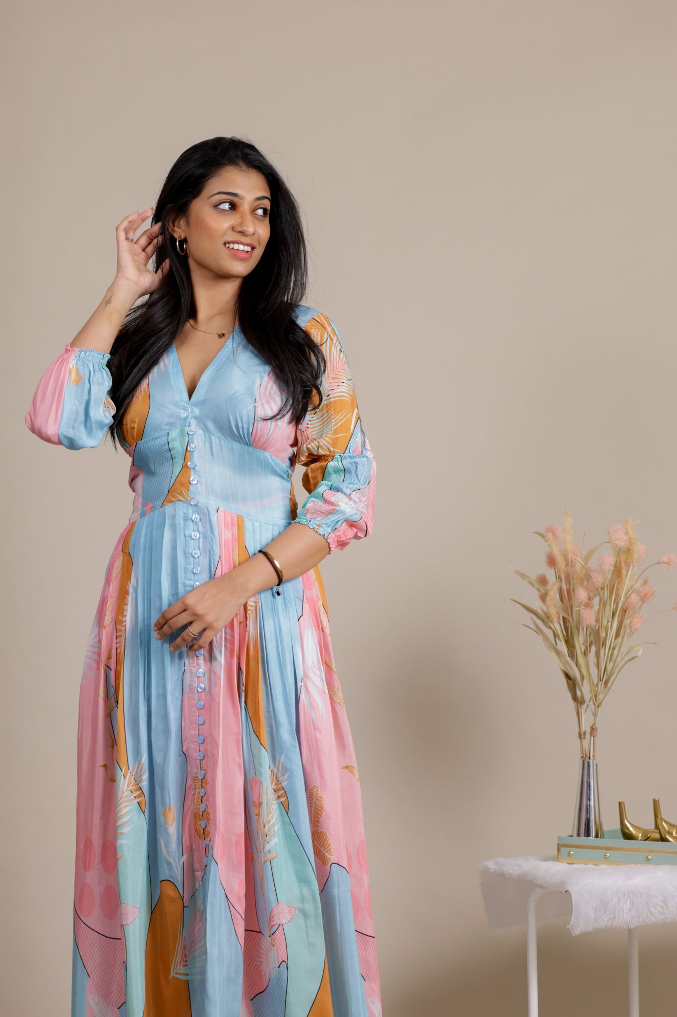 Pink and Sky Blue Leaf Muslin Dress - Apeksha The Label