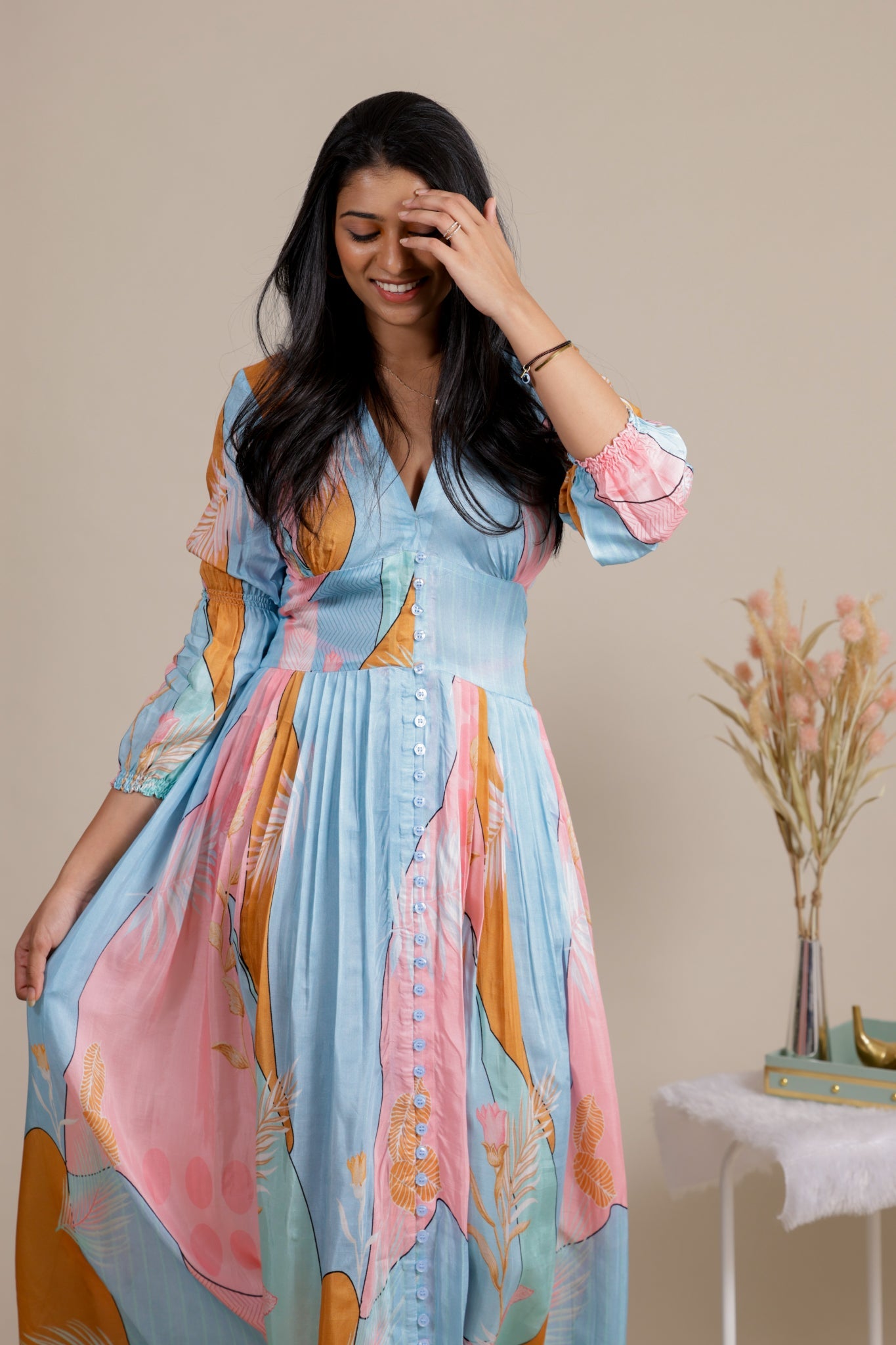 Pink and Sky Blue Leaf Muslin Dress - Apeksha The Label