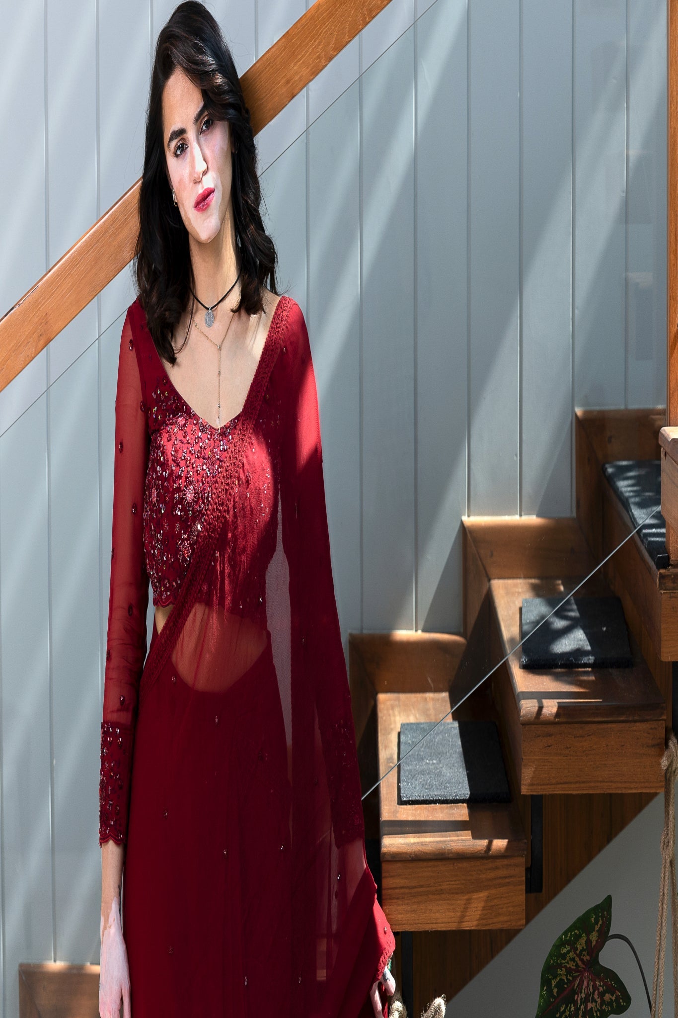 Red Saree with full Sleeve Blouse - Apeksha The Label