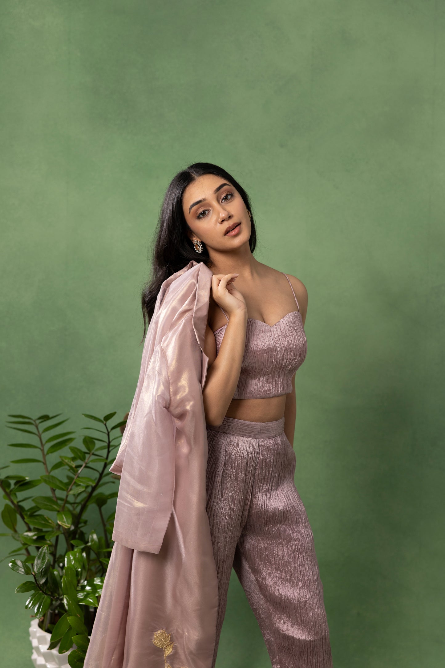 Dusty Mauve Pleated Co-Ord Set with Embroidered Organza Jacket