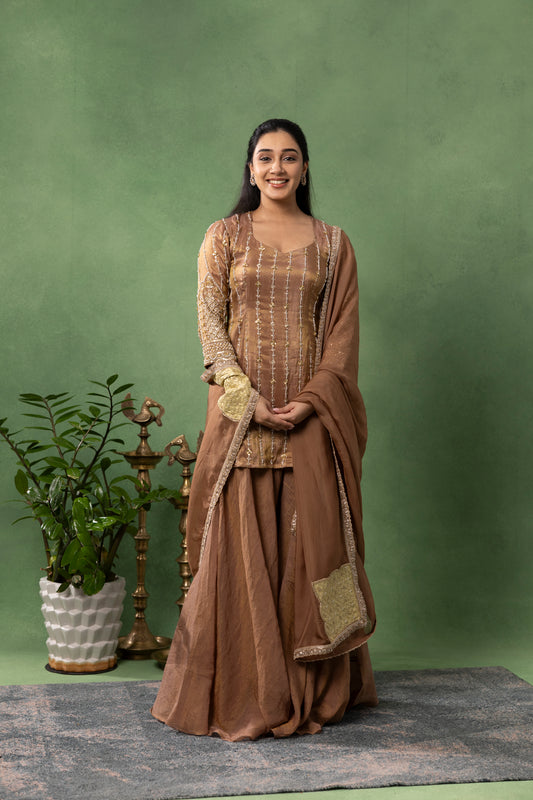 Mocha Brown Hand-Embroidered Kurta with Sharara & Dupatta