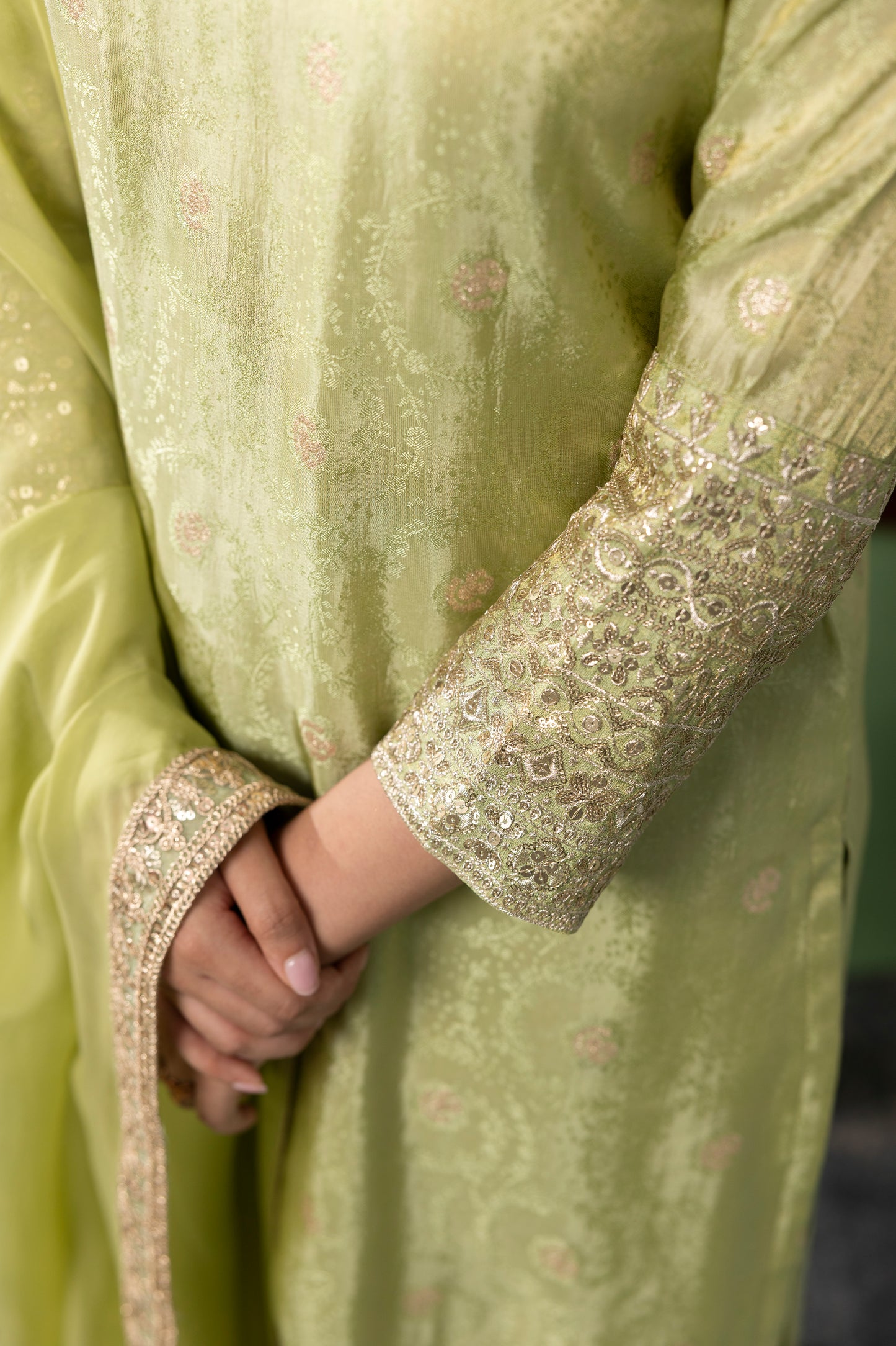 Lime Pistachio Hand-Embroidered Kurta Set with Dupatta