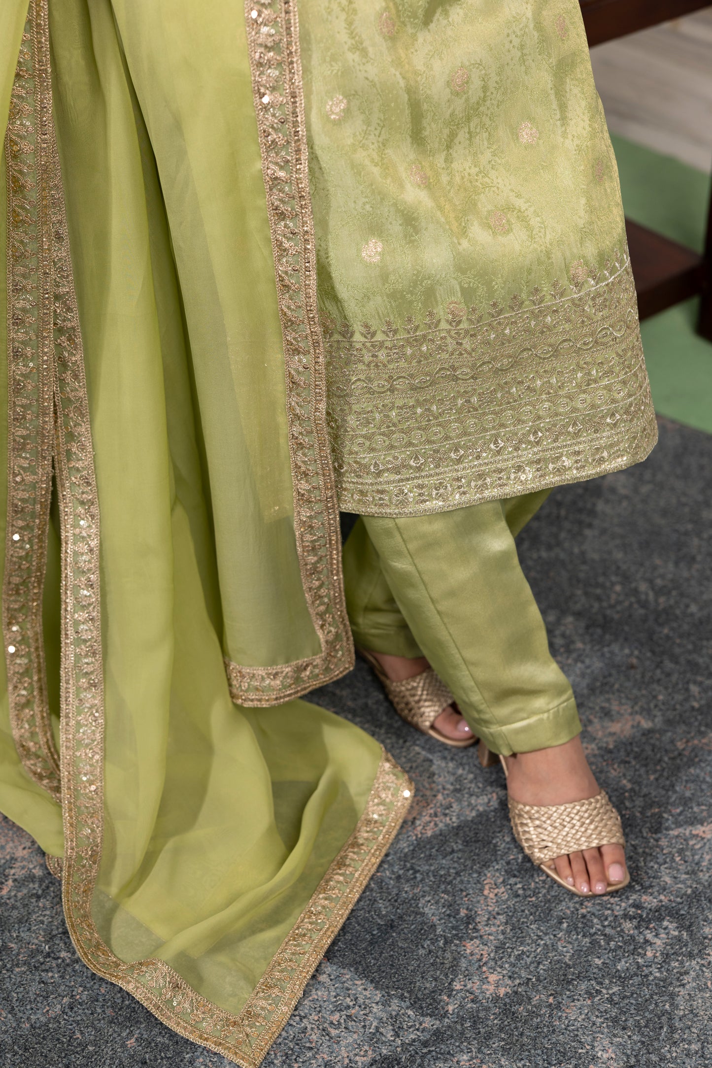 Lime Pistachio Hand-Embroidered Kurta Set with Dupatta