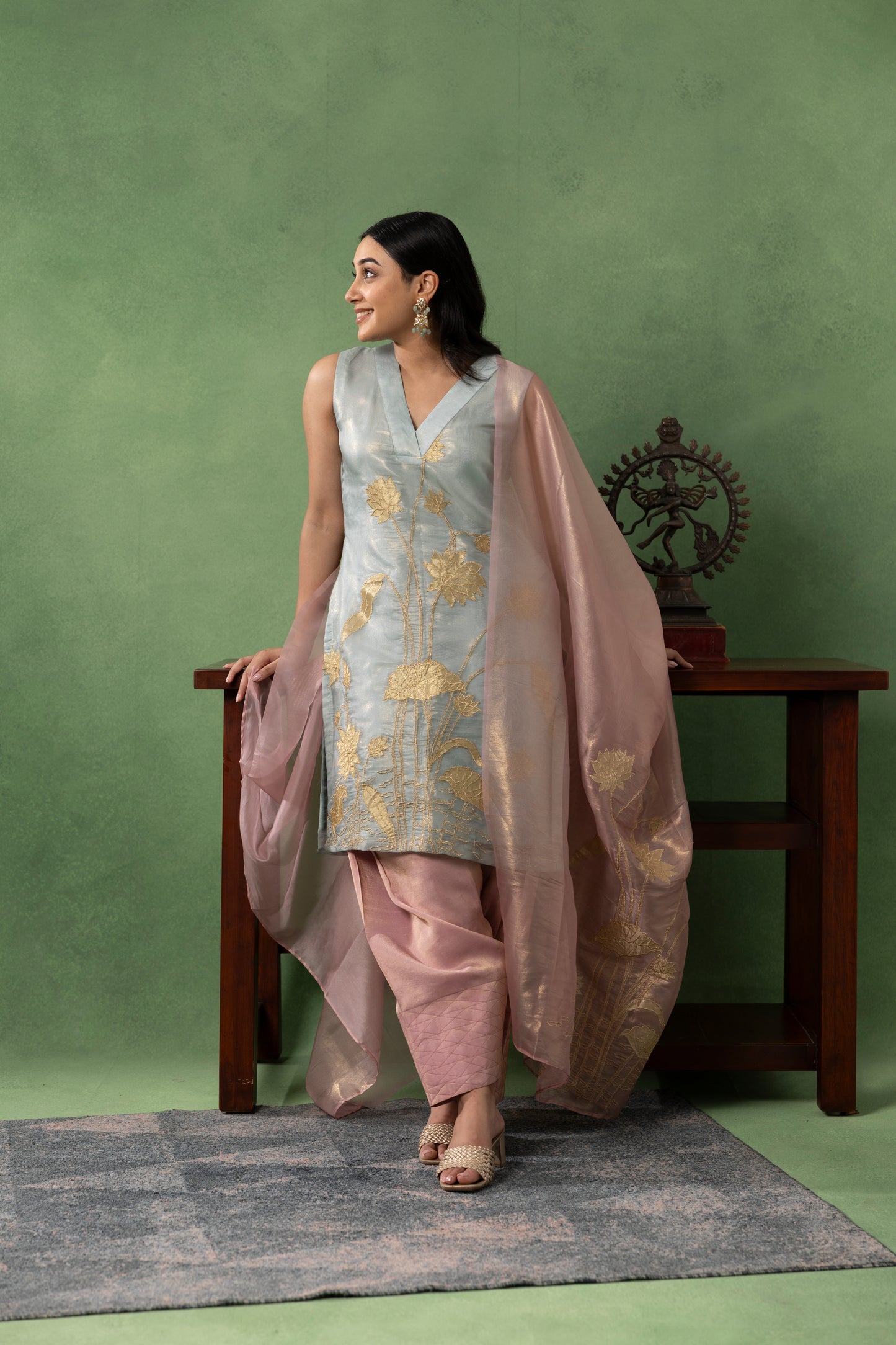Powder Blue Hand-Embroidered Kurta Set with Blush Dupatta