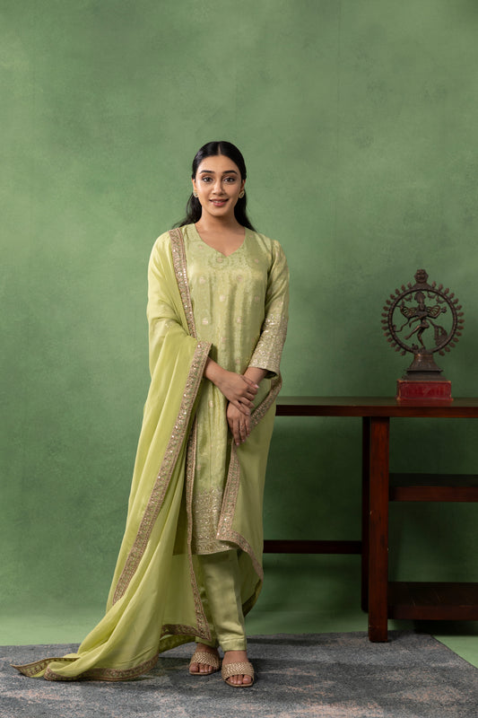 Lime Pistachio Hand-Embroidered Kurta Set with Dupatta