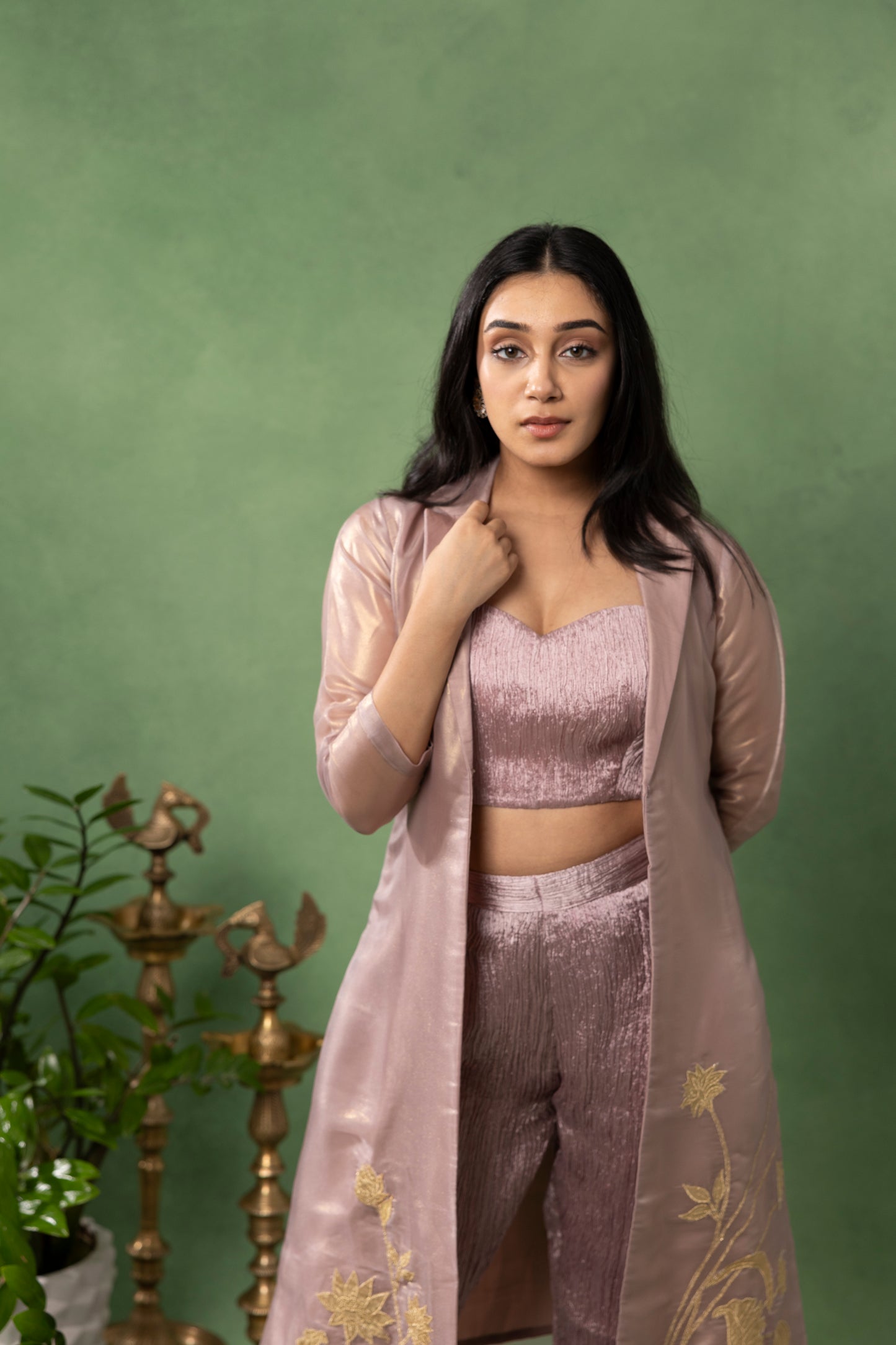 Dusty Mauve Pleated Co-Ord Set with Embroidered Organza Jacket
