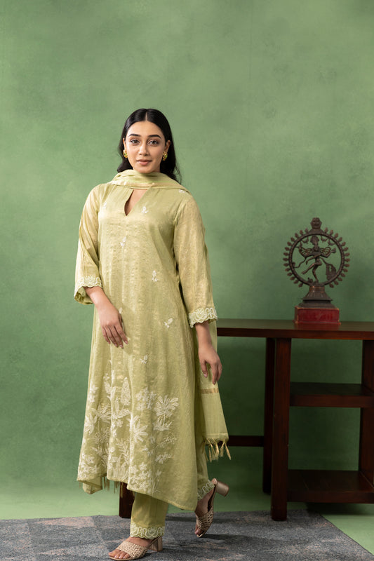 Olive Lime Embroidered Kurta Set with Dupatta
