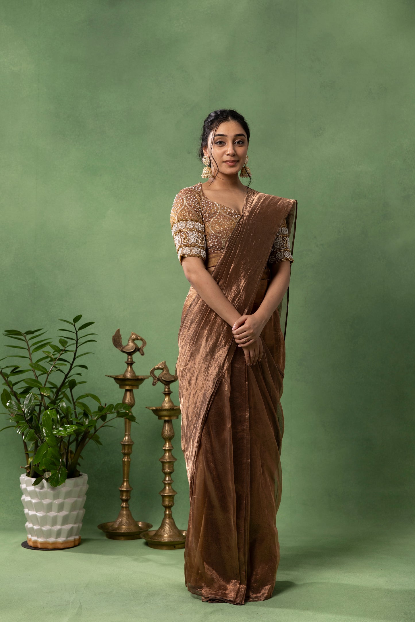 Antique Bronze Organza Saree with Hand Embroidered Blouse