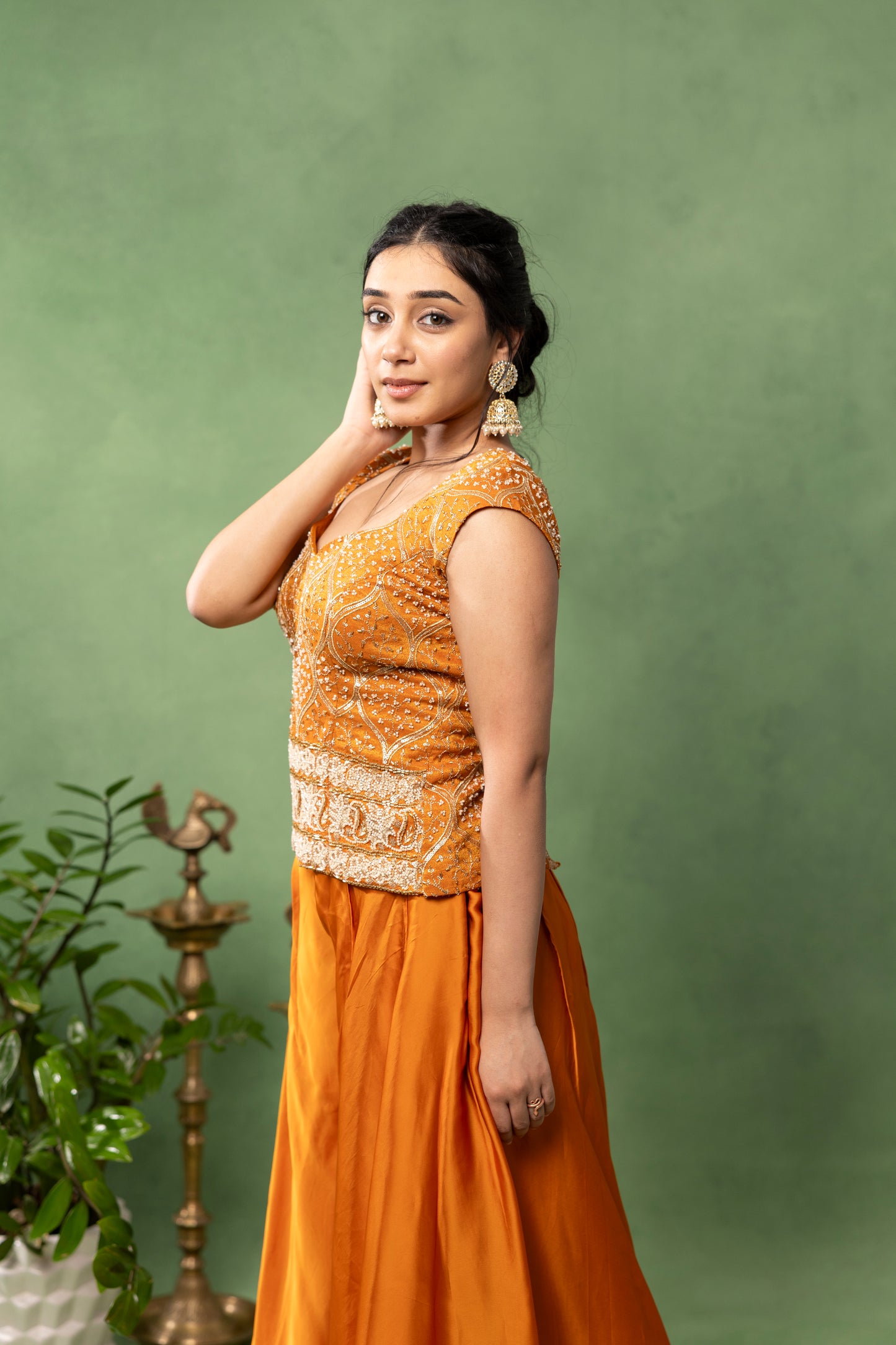 Marigold Orange Hand-Embroidered Blouse with Flared Sharara