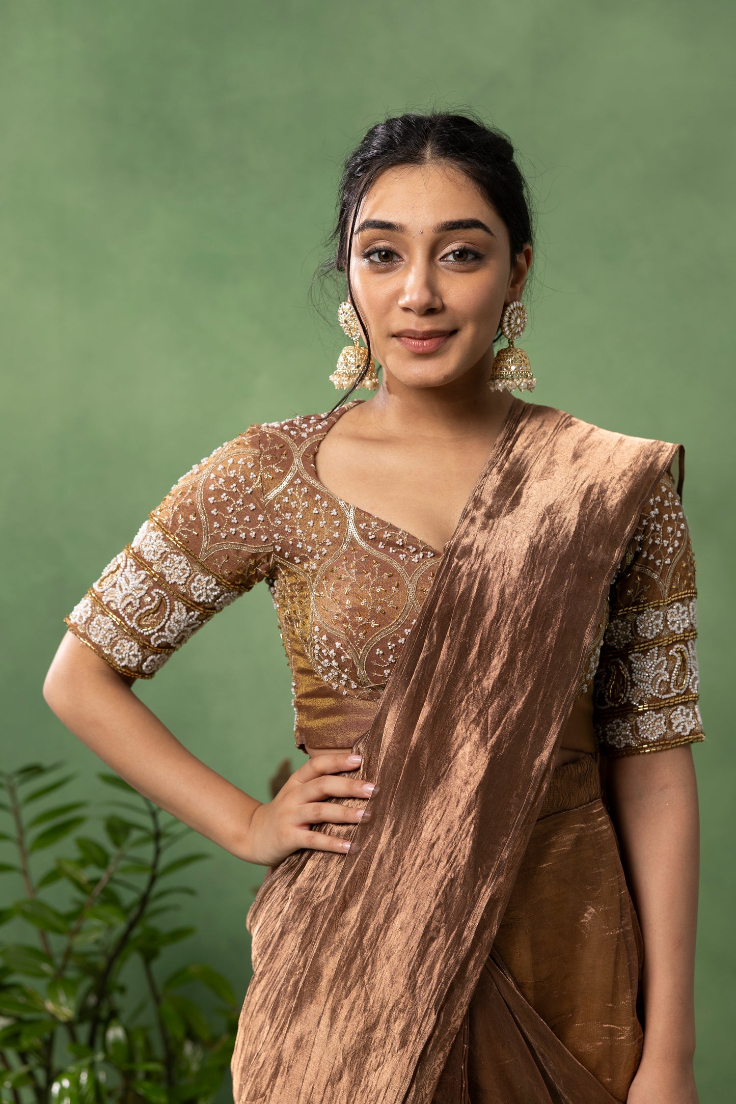 Antique Bronze Organza Saree with Hand Embroidered Blouse