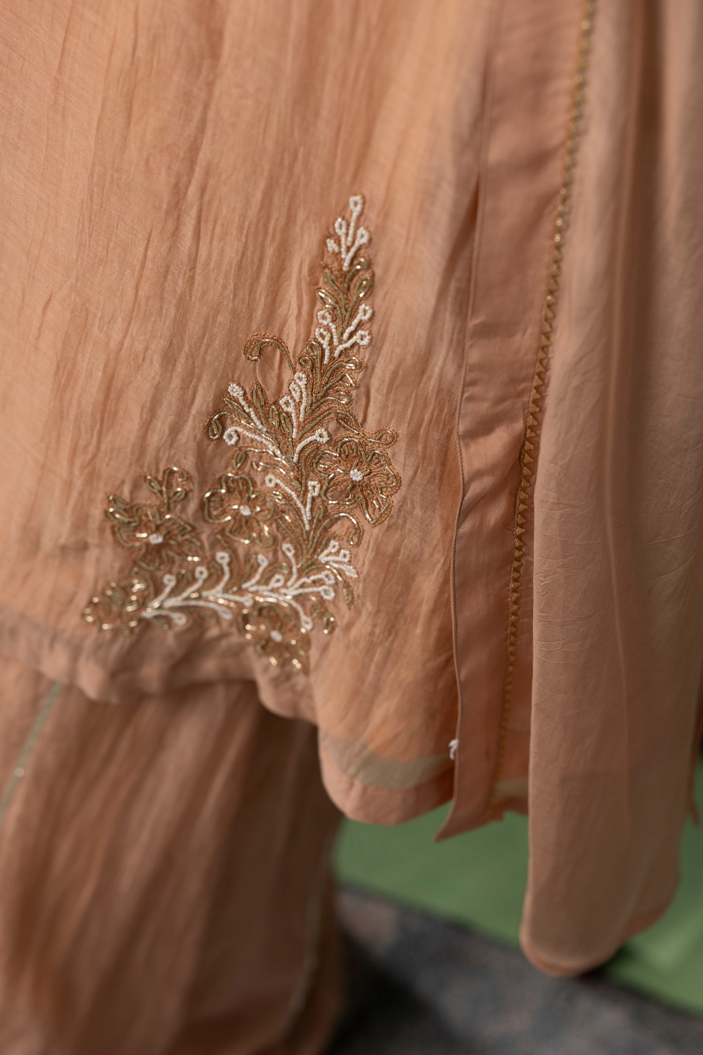 Peach Sand Embroidered Kurta Co-Ord Set with Sheer Overlay