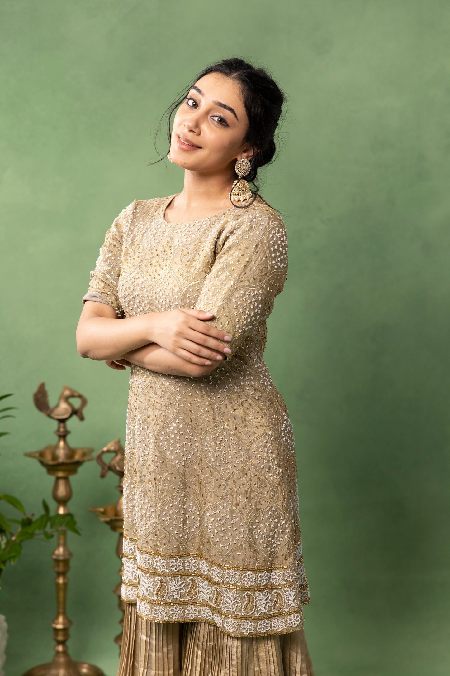Champagne Gold Hand-Embroidered Kurta with Sharara Set