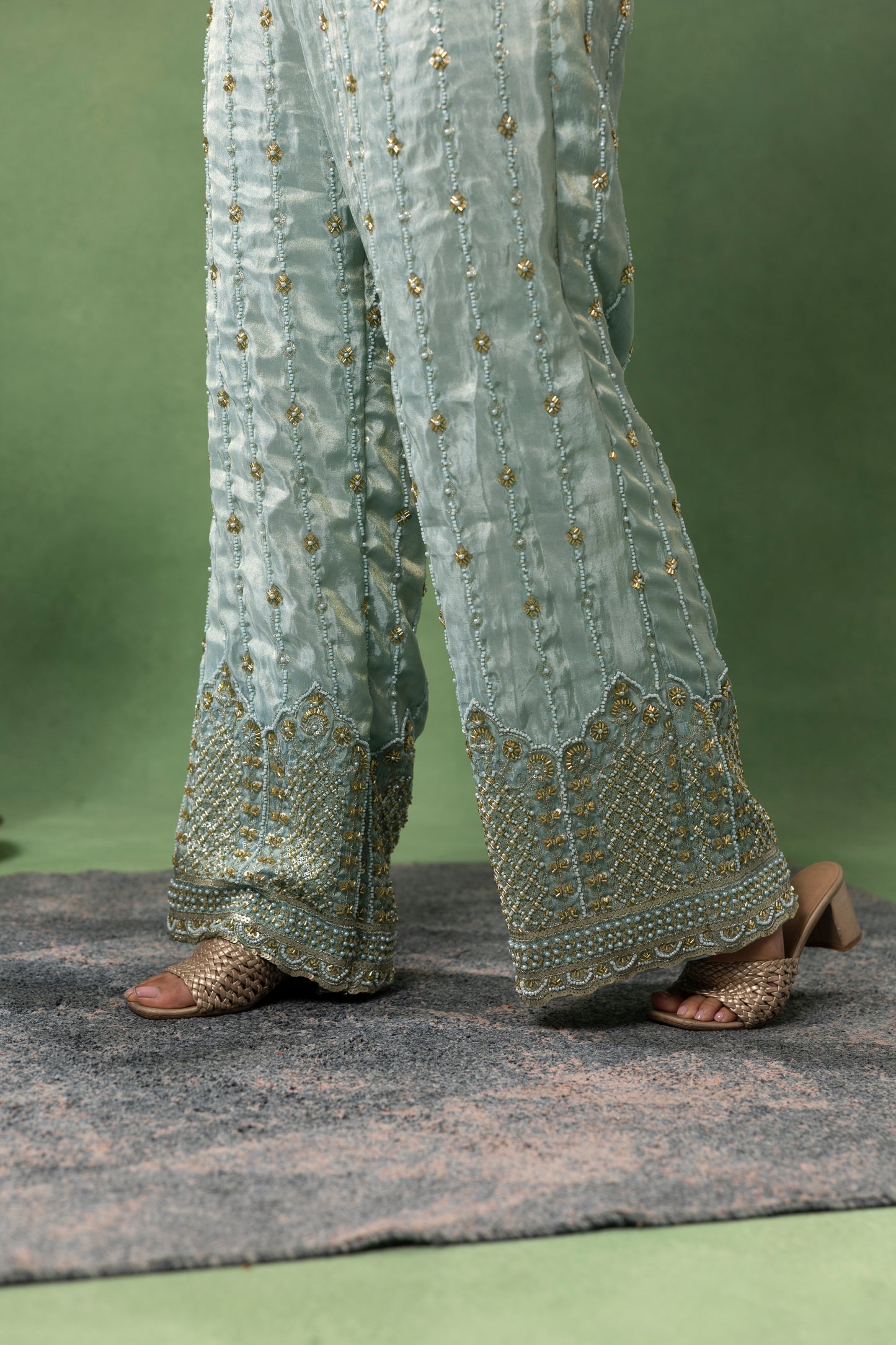 Powder Blue Hand-Embroidered Crop Top with Flared Pants Set