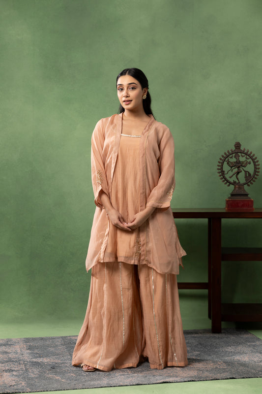 Peach Sand Embroidered Kurta Co-Ord Set with Sheer Overlay