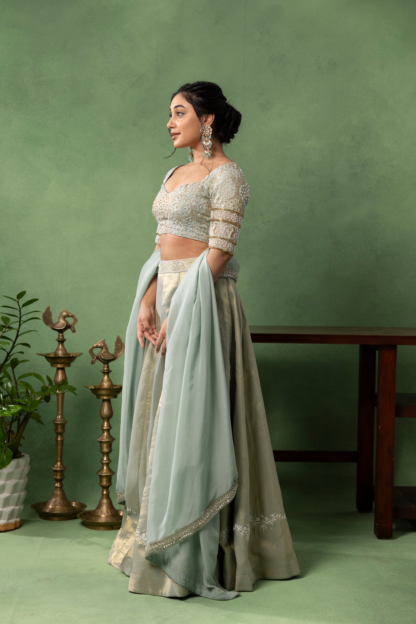 Mint Green Hand-Embroidered Blouse with Ivory Lehenga & Dupatta