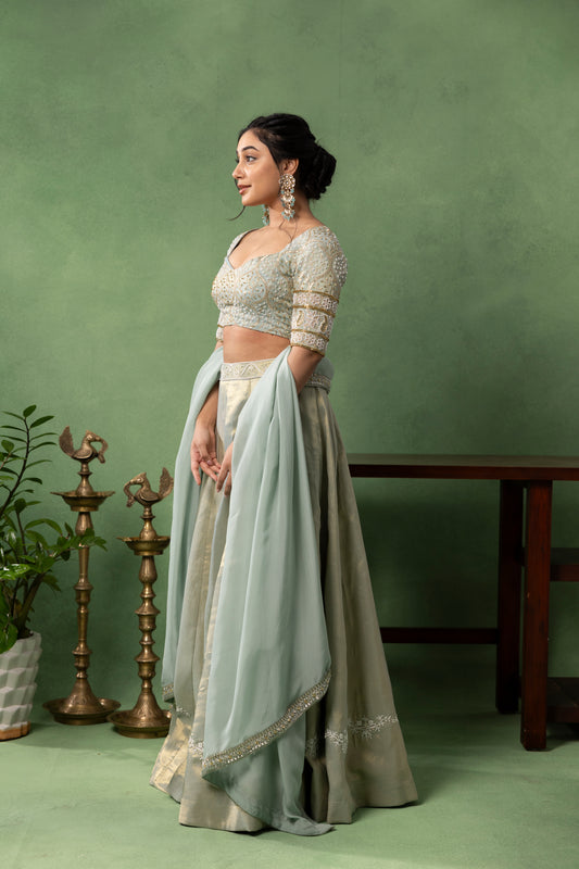 Mint Green Hand-Embroidered Blouse with Ivory Lehenga & Dupatta