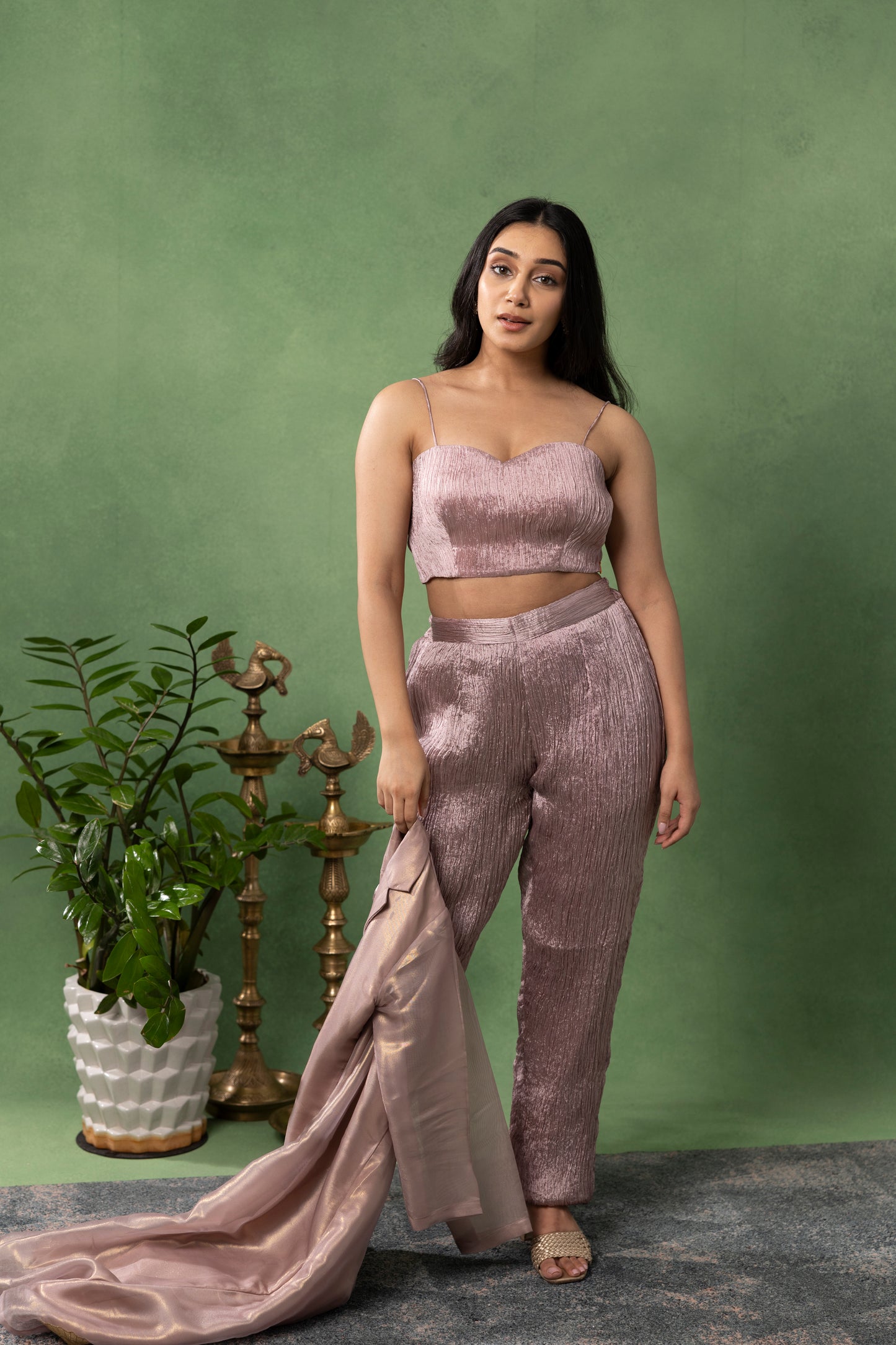 Dusty Mauve Pleated Co-Ord Set with Embroidered Organza Jacket