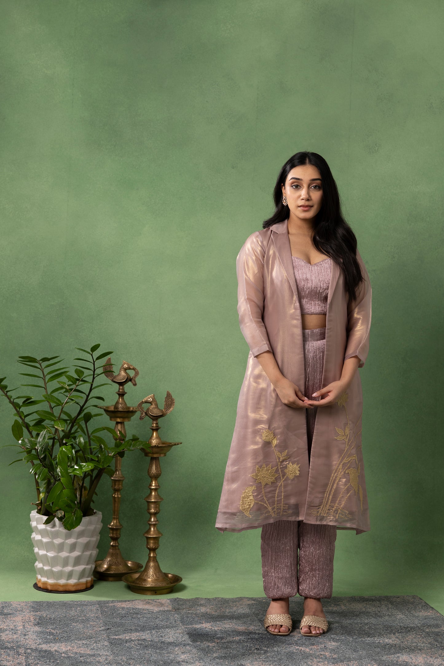 Dusty Mauve Pleated Co-Ord Set with Embroidered Organza Jacket