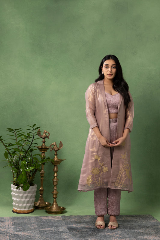 Dusty Mauve Pleated Co-Ord Set with Embroidered Organza Jacket