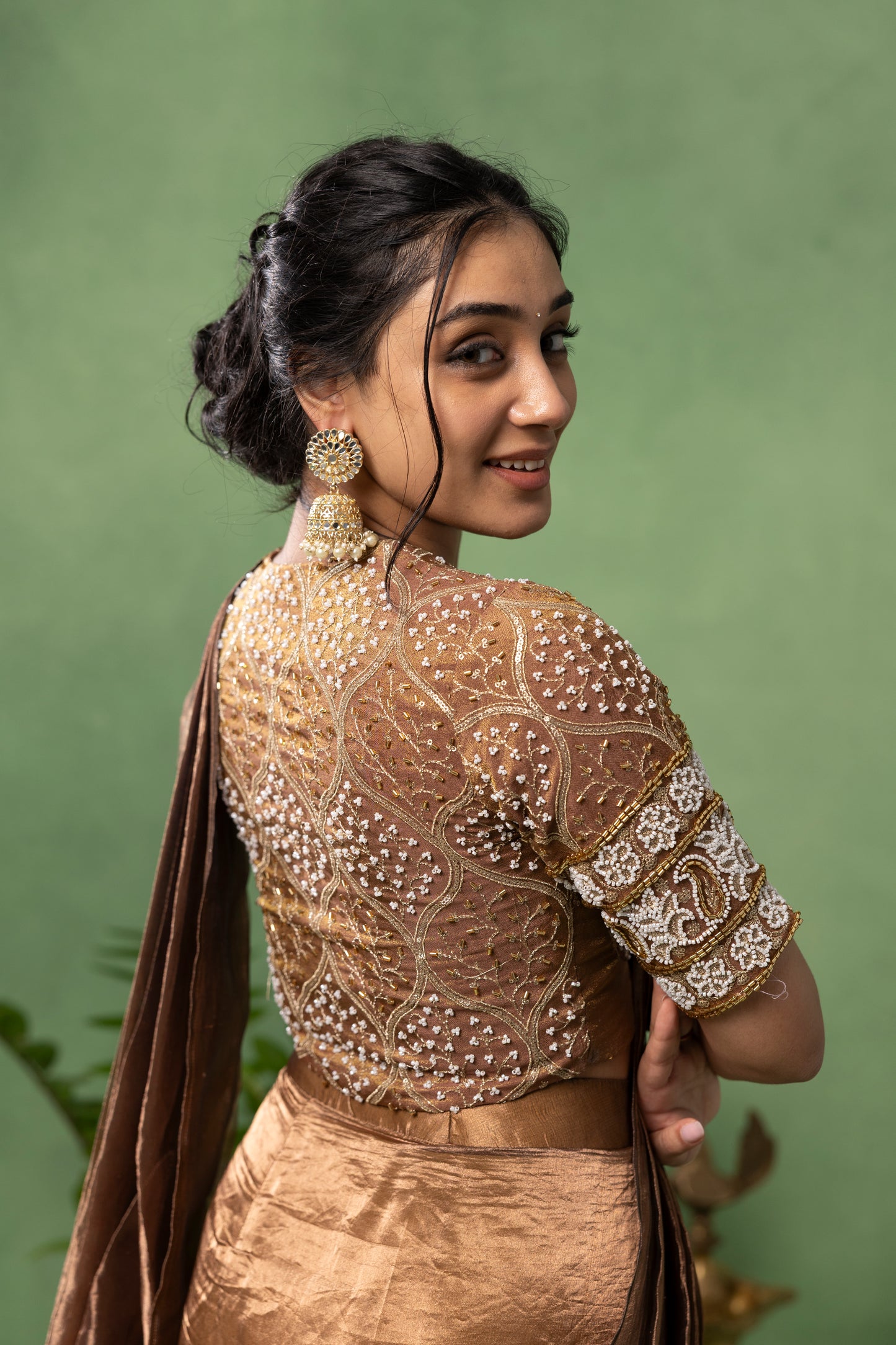 Antique Bronze Organza Saree with Hand Embroidered Blouse