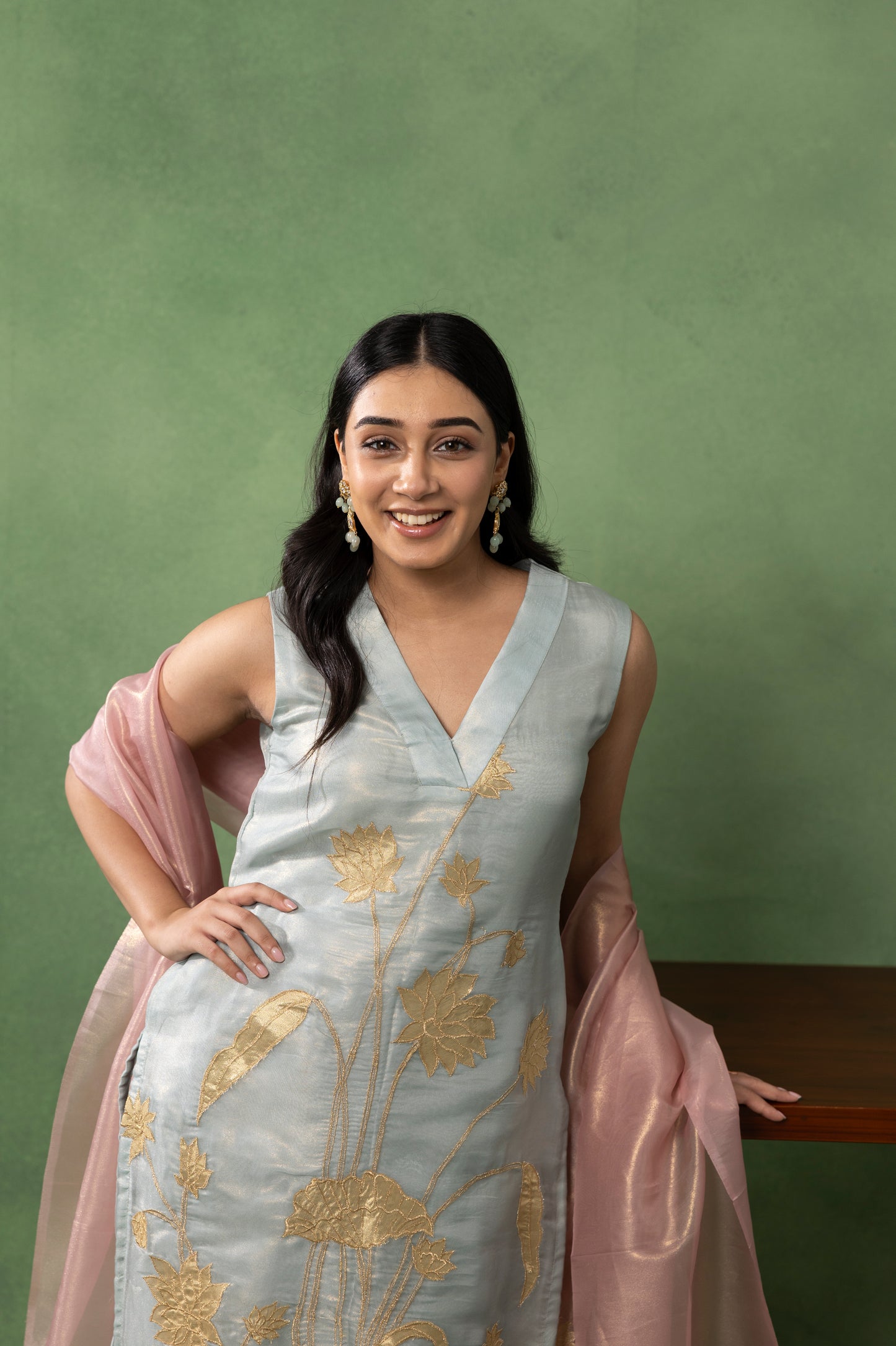 Powder Blue Hand-Embroidered Kurta Set with Blush Dupatta