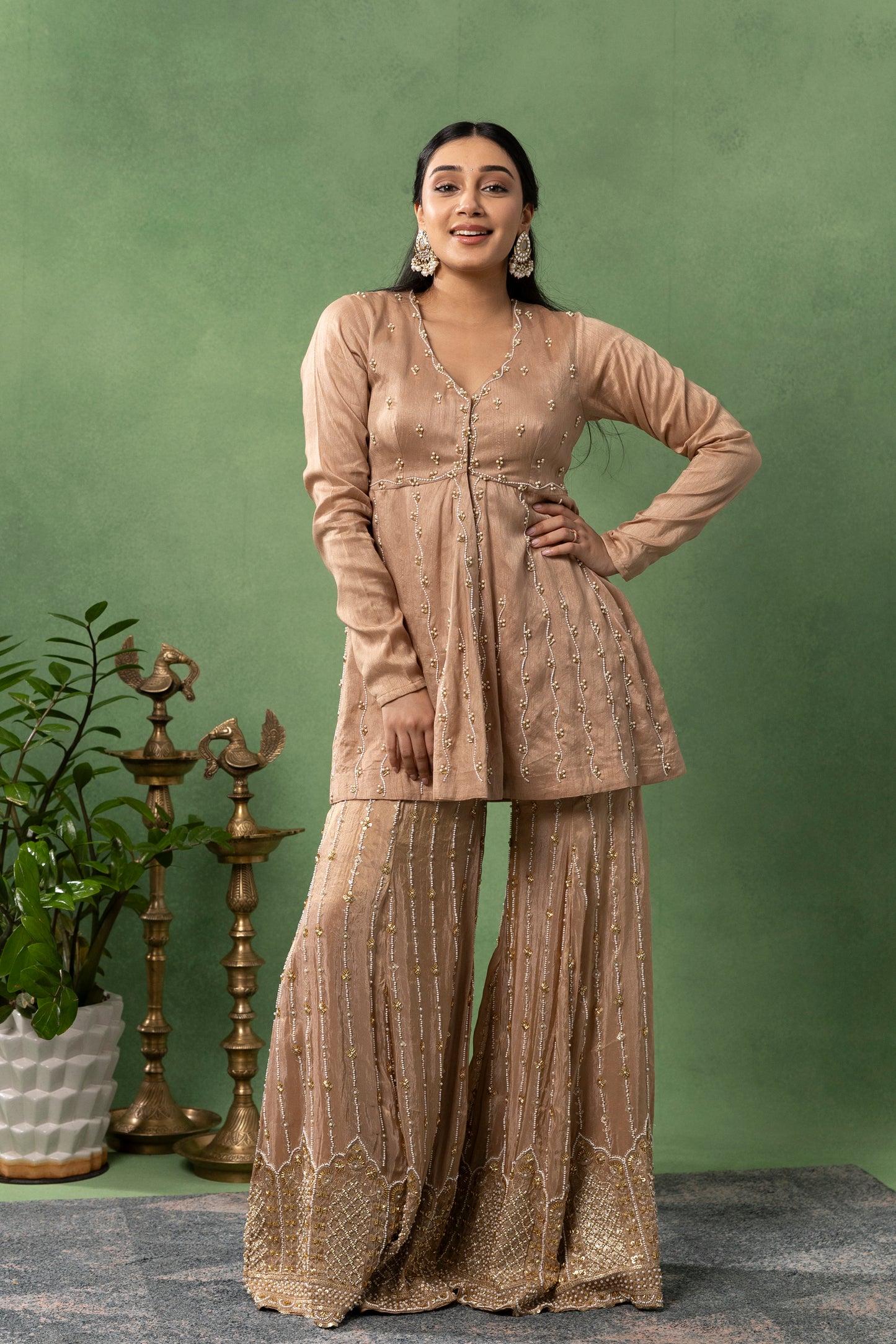Warm Taupe Hand-Embroidered Kurta with Sharara