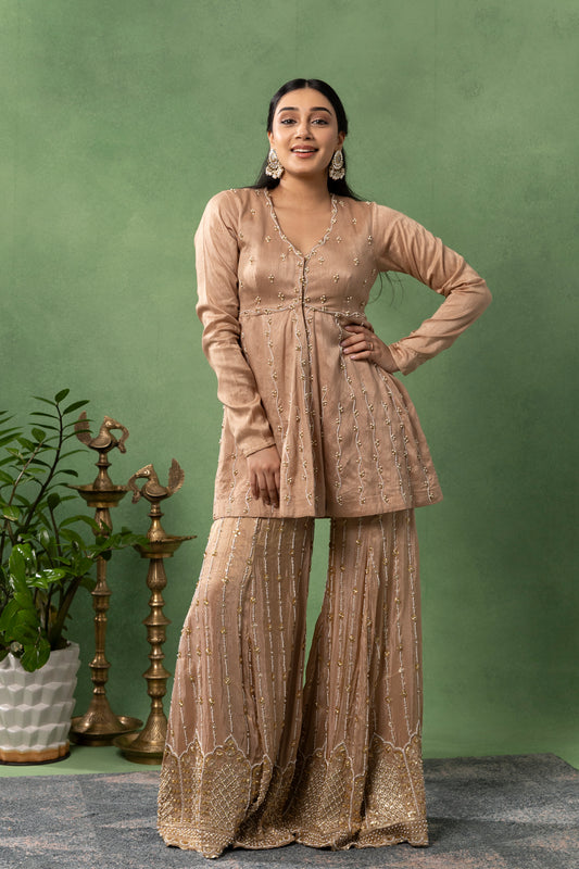 Warm Taupe Hand-Embroidered Kurta with Sharara
