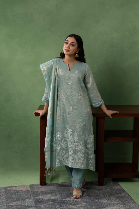 Seafoam Blue Embroidered Kurta Set with Dupatta