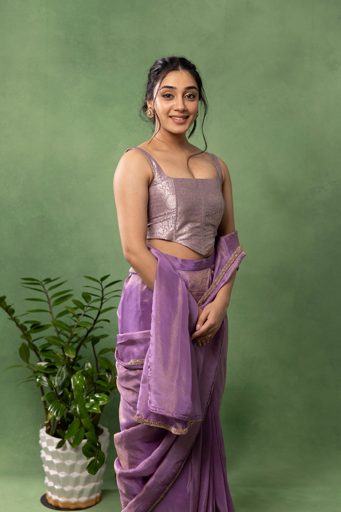 Lilac Organza Saree with Metallic Woven Blouse