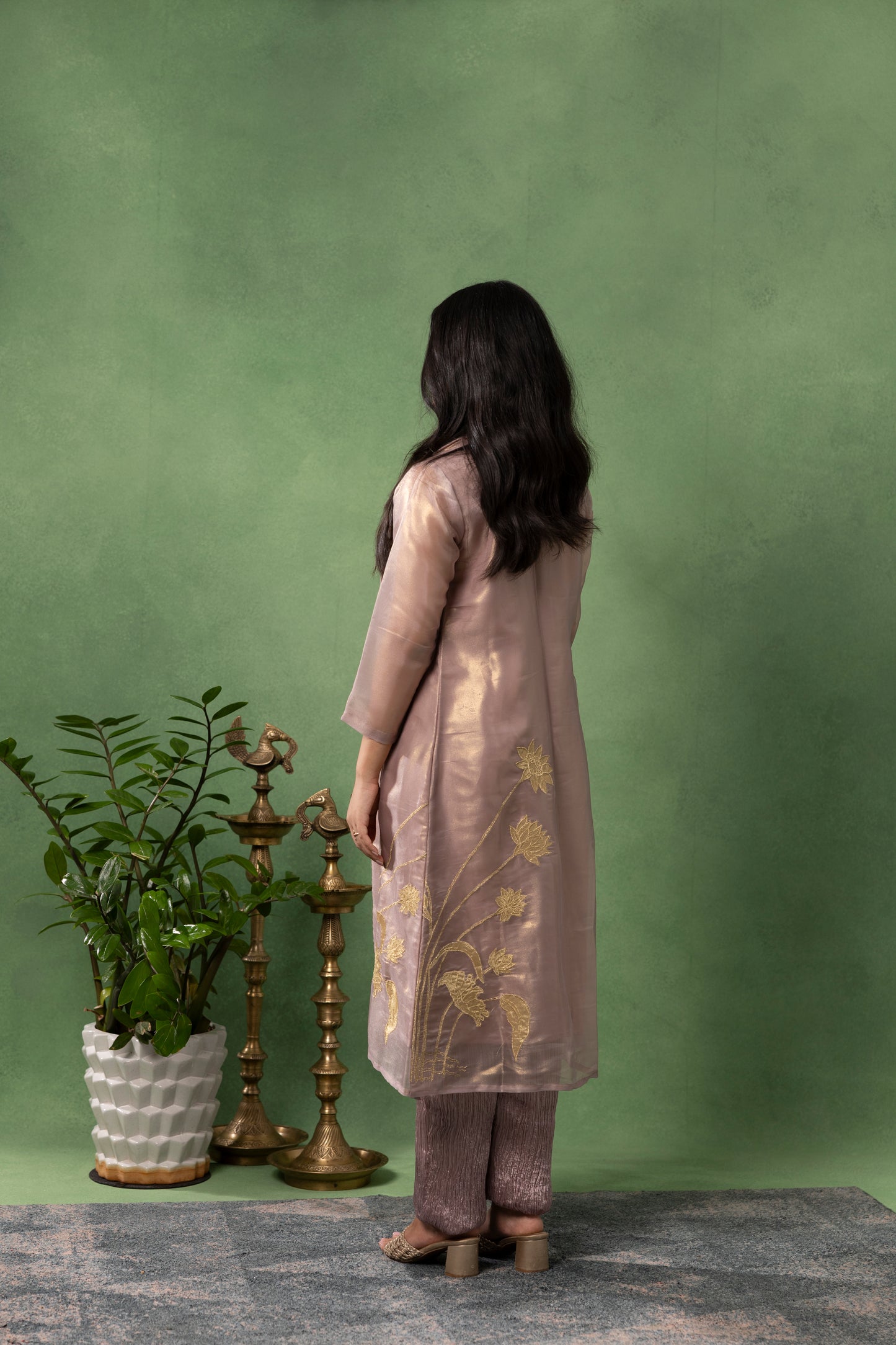 Dusty Mauve Pleated Co-Ord Set with Embroidered Organza Jacket