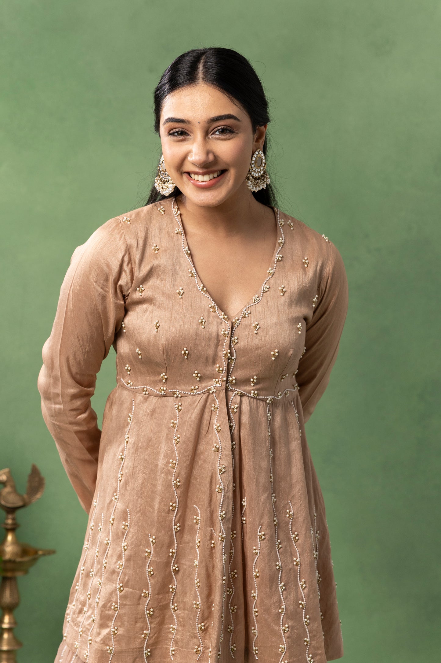 Warm Taupe Hand-Embroidered Kurta with Sharara