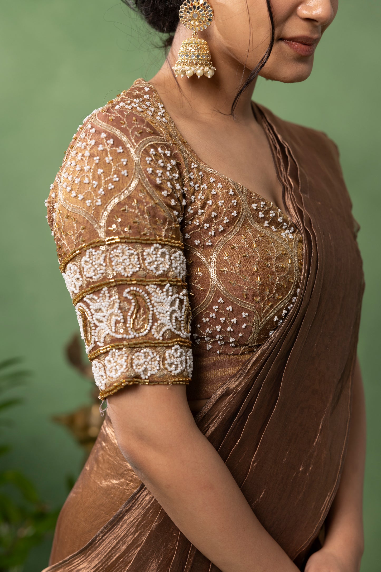 Antique Bronze Organza Saree with Hand Embroidered Blouse