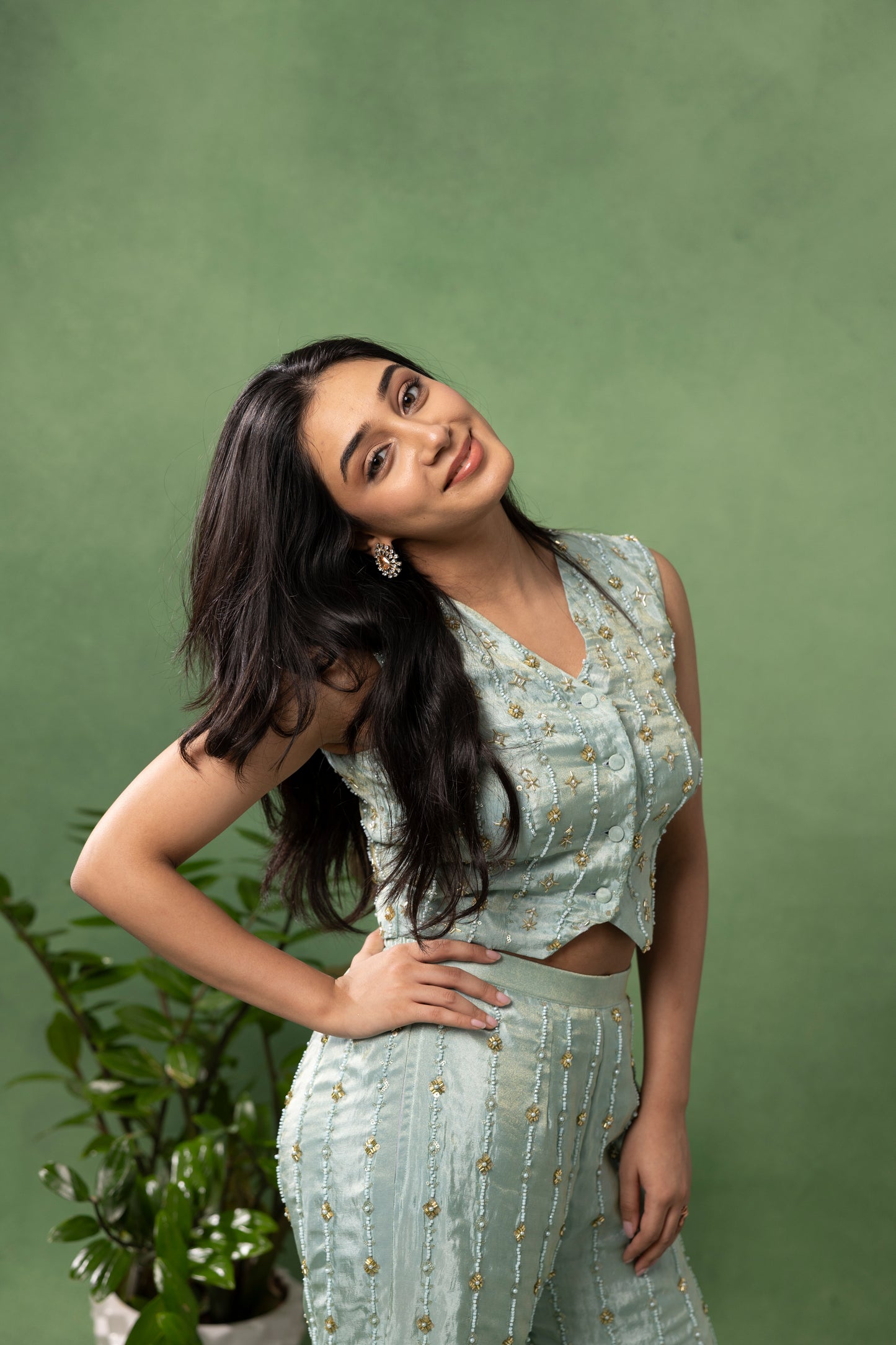 Powder Blue Hand-Embroidered Crop Top with Flared Pants Set