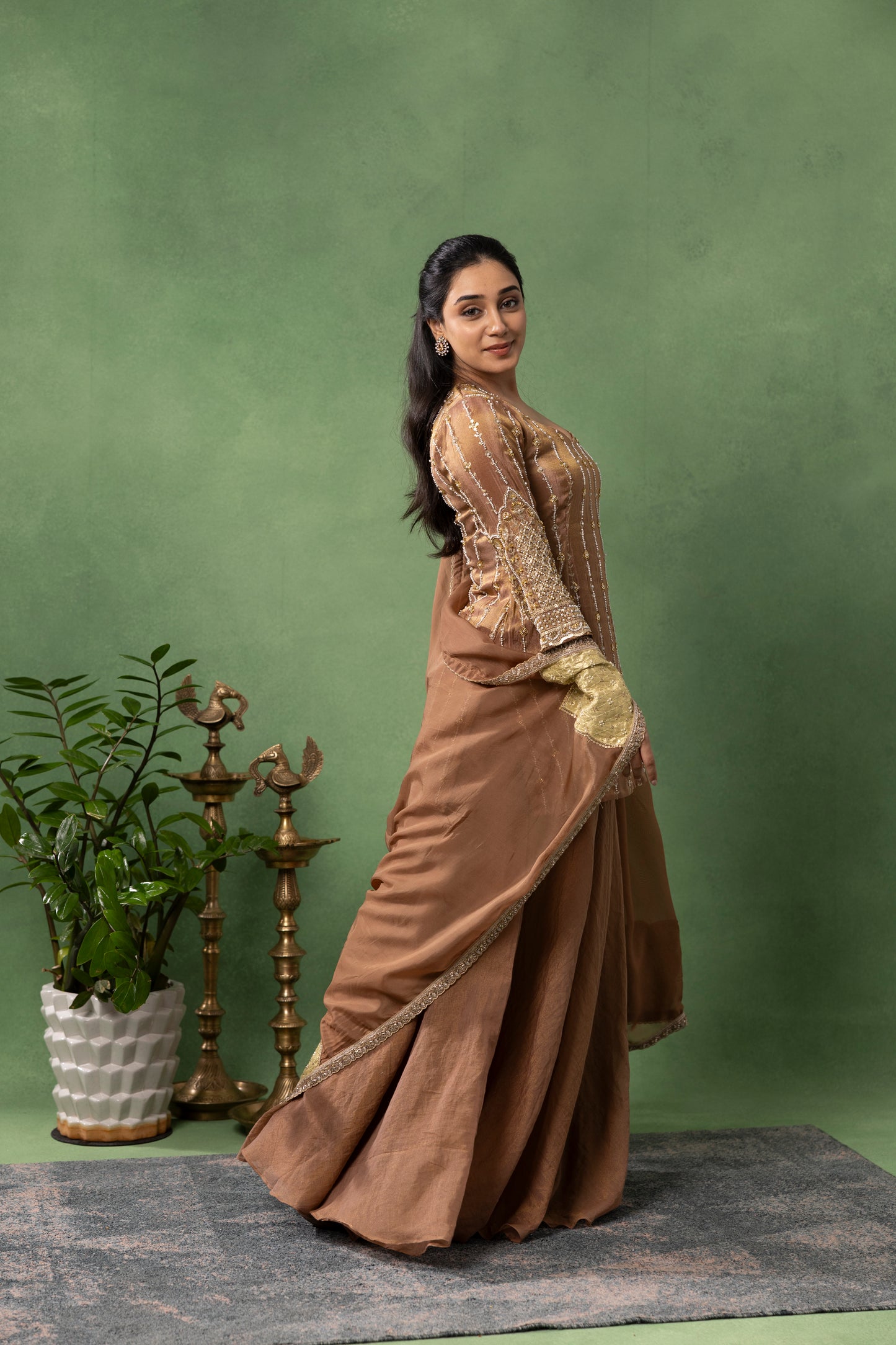 Mocha Brown Hand-Embroidered Kurta with Sharara & Dupatta