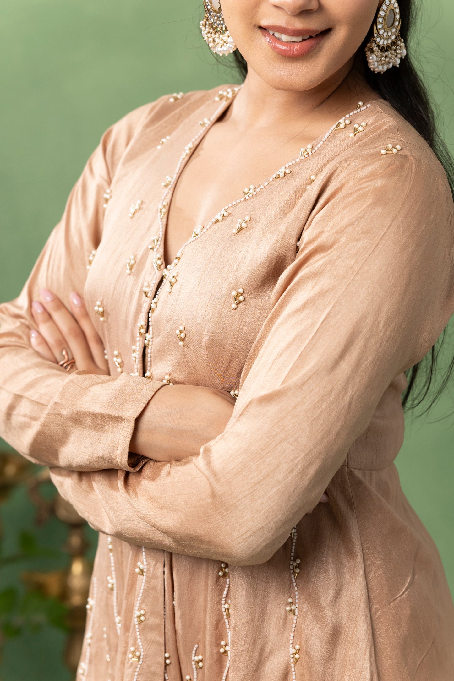 Warm Taupe Hand-Embroidered Kurta with Sharara
