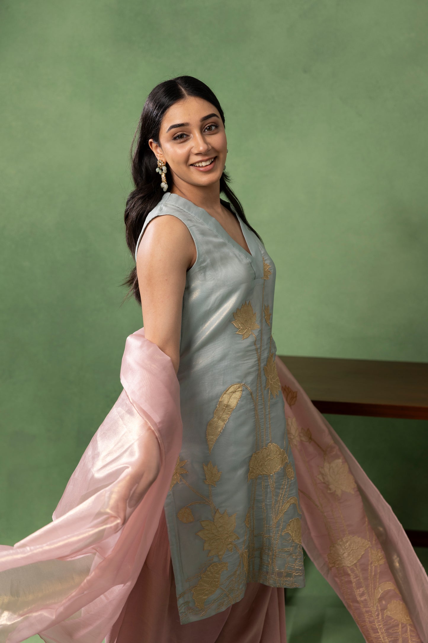 Powder Blue Hand-Embroidered Kurta Set with Blush Dupatta