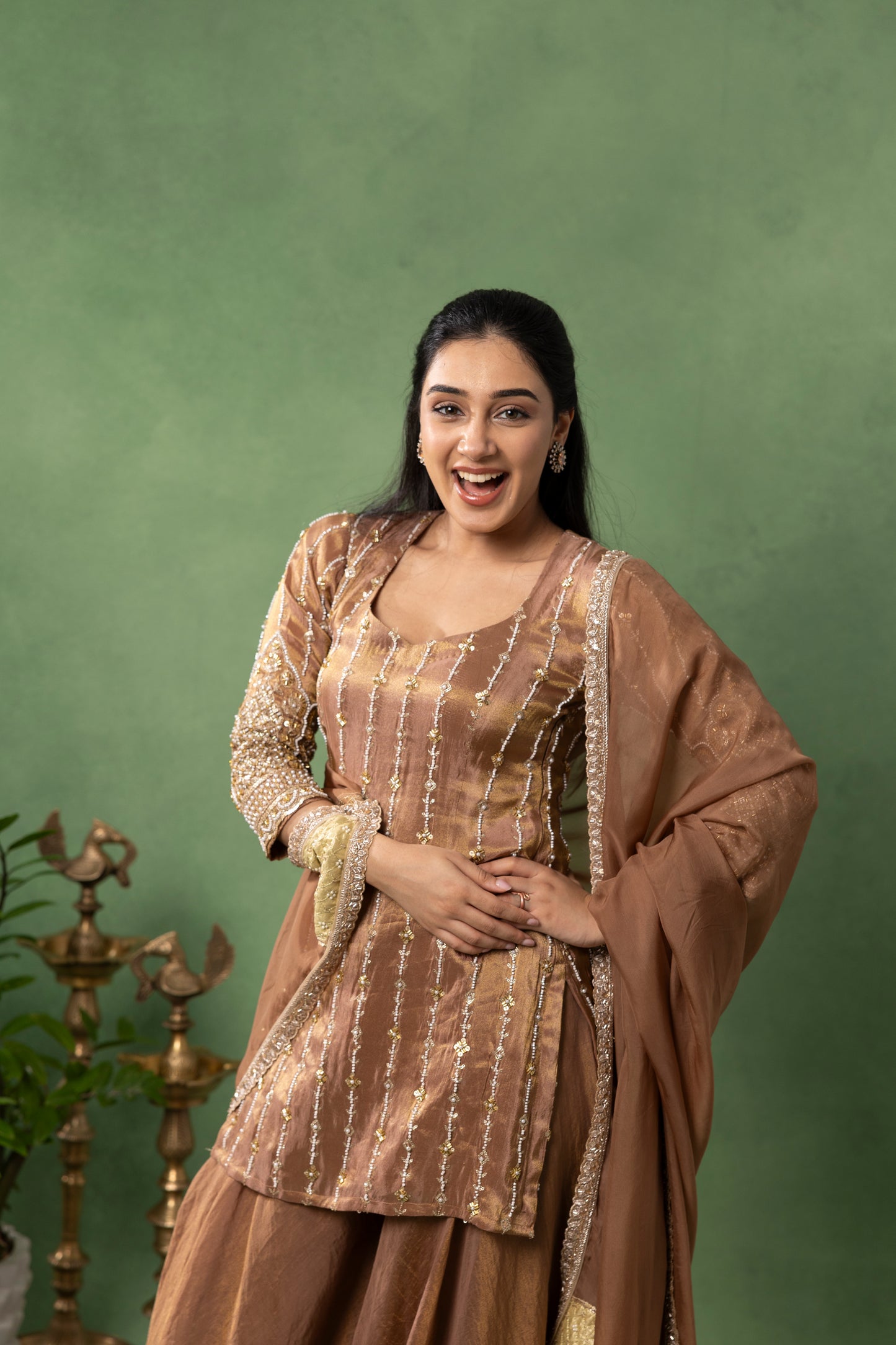 Mocha Brown Hand-Embroidered Kurta with Sharara & Dupatta