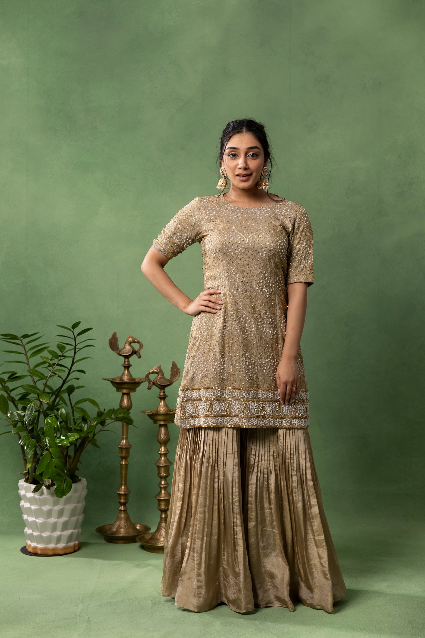 Champagne Gold Hand-Embroidered Kurta with Sharara Set