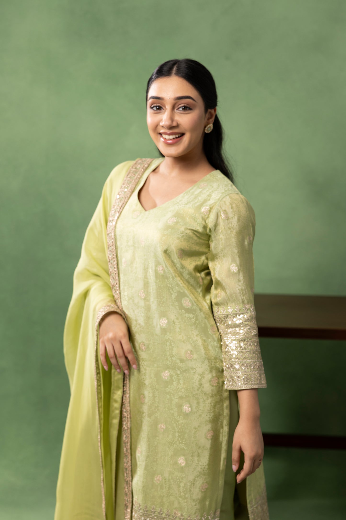 Lime Pistachio Hand-Embroidered Kurta Set with Dupatta