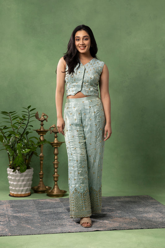 Powder Blue Hand-Embroidered Crop Top with Flared Pants Set