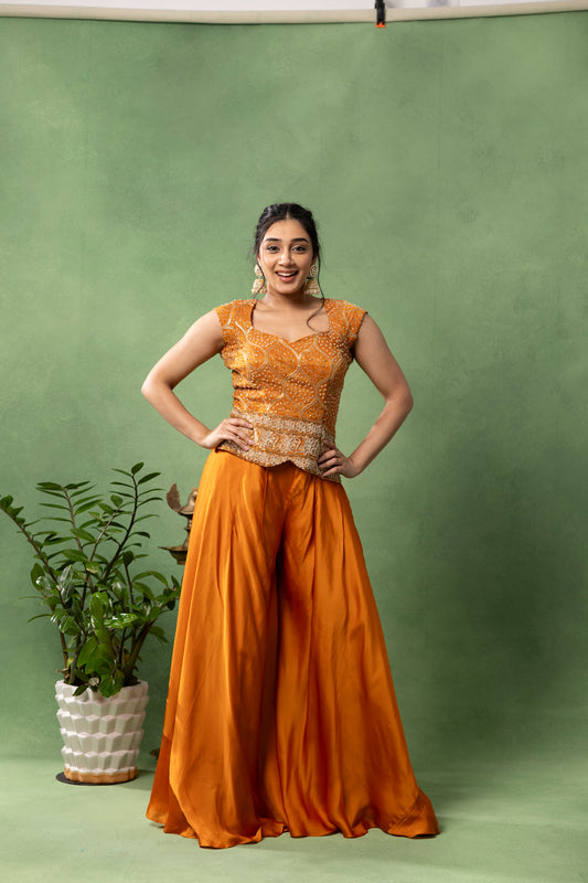 Marigold Orange Hand-Embroidered Blouse with Flared Sharara