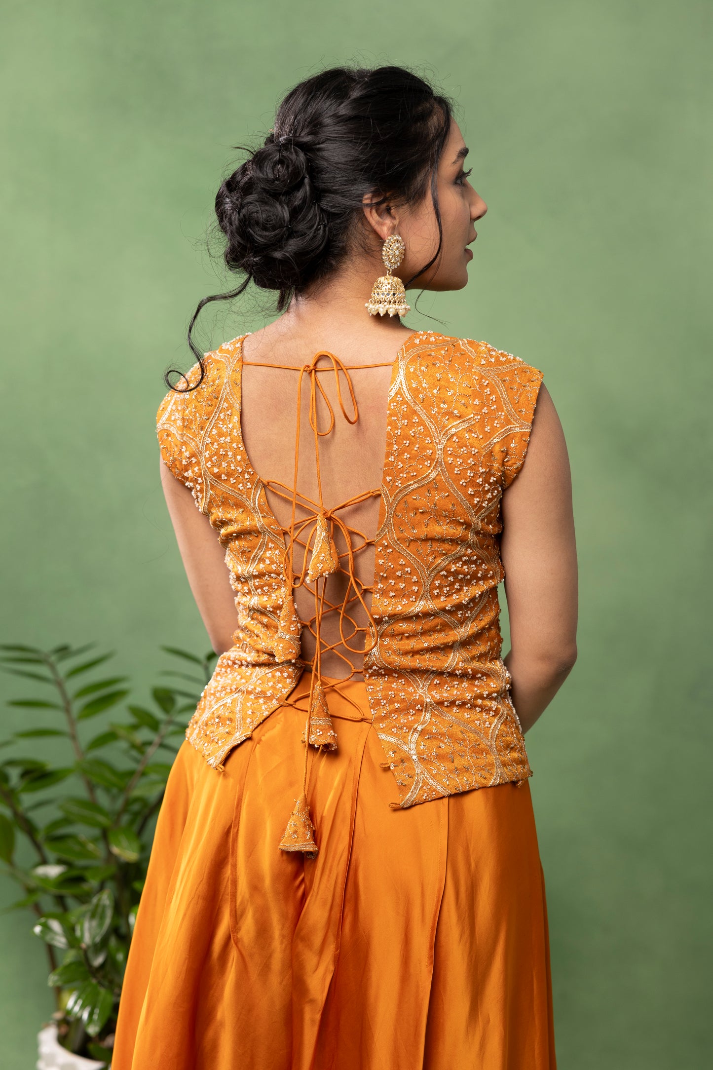 Marigold Orange Hand-Embroidered Blouse with Flared Sharara