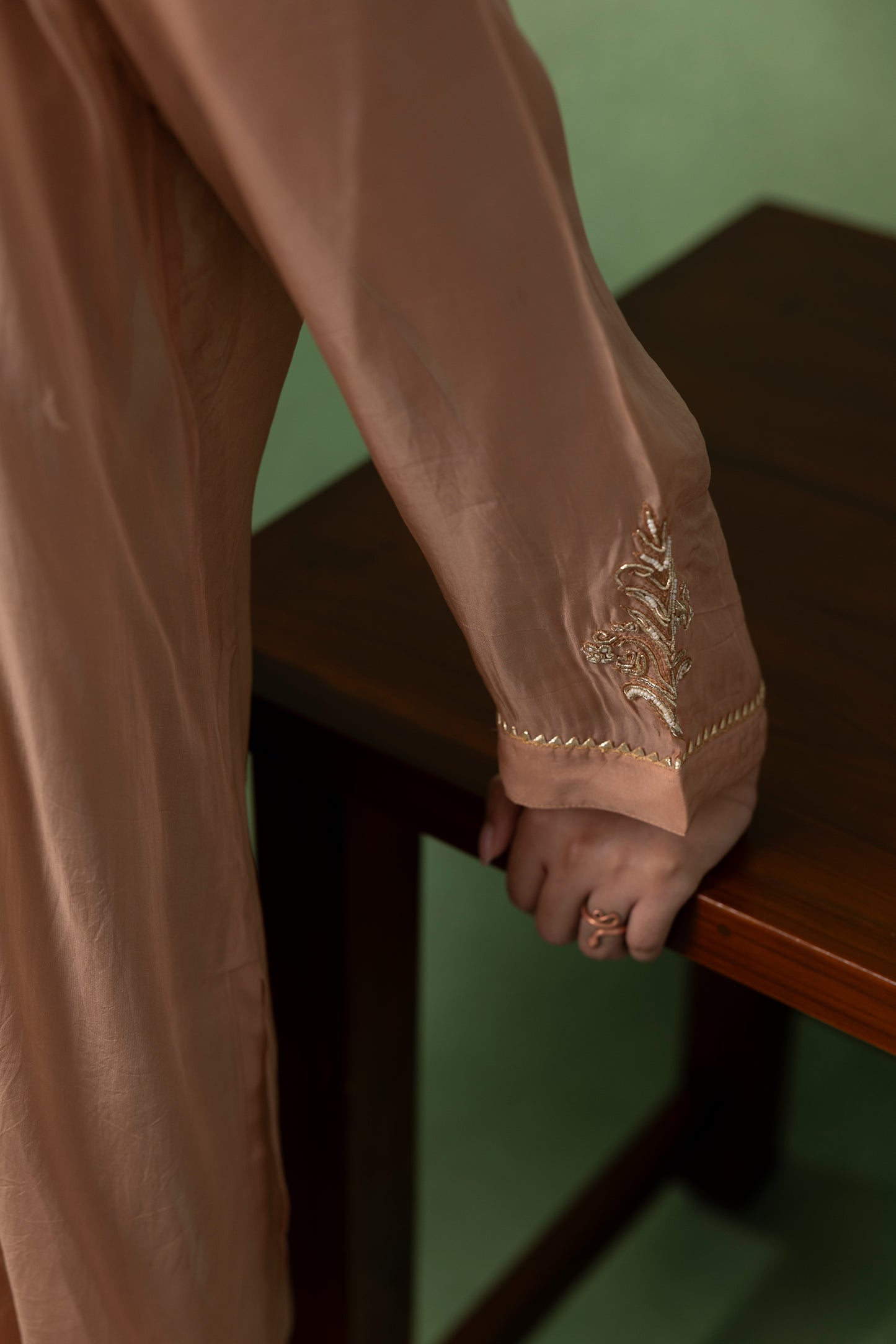 Peach Sand Embroidered Kurta Co-Ord Set with Sheer Overlay