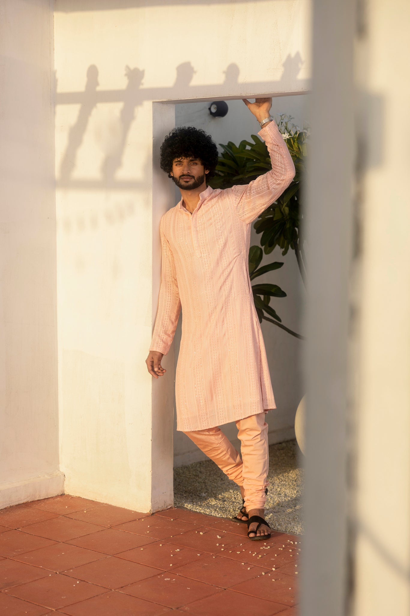 Peach thread work kurta