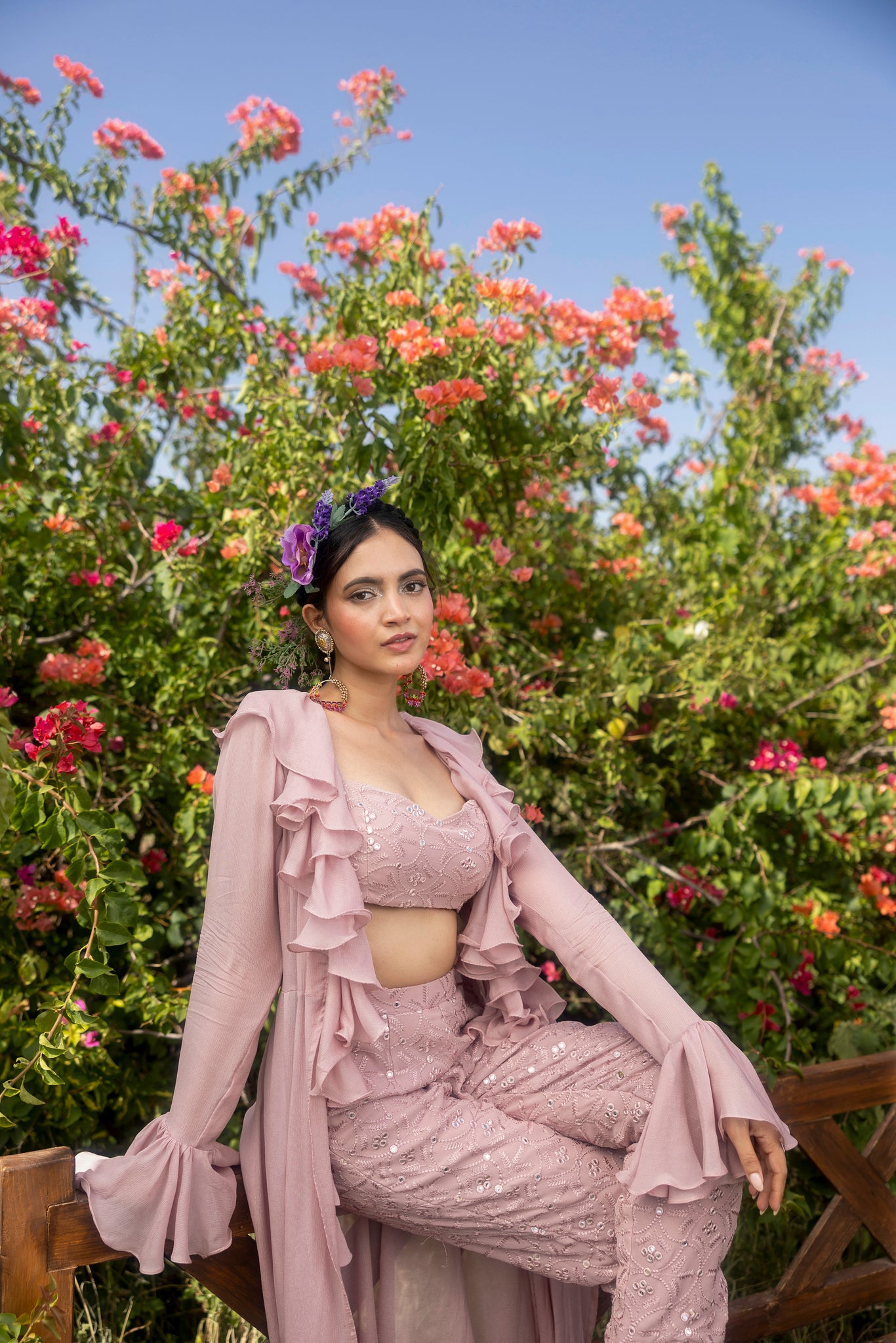 Ruffled chiffon jacket with mirror embroidered crop top and straight pants